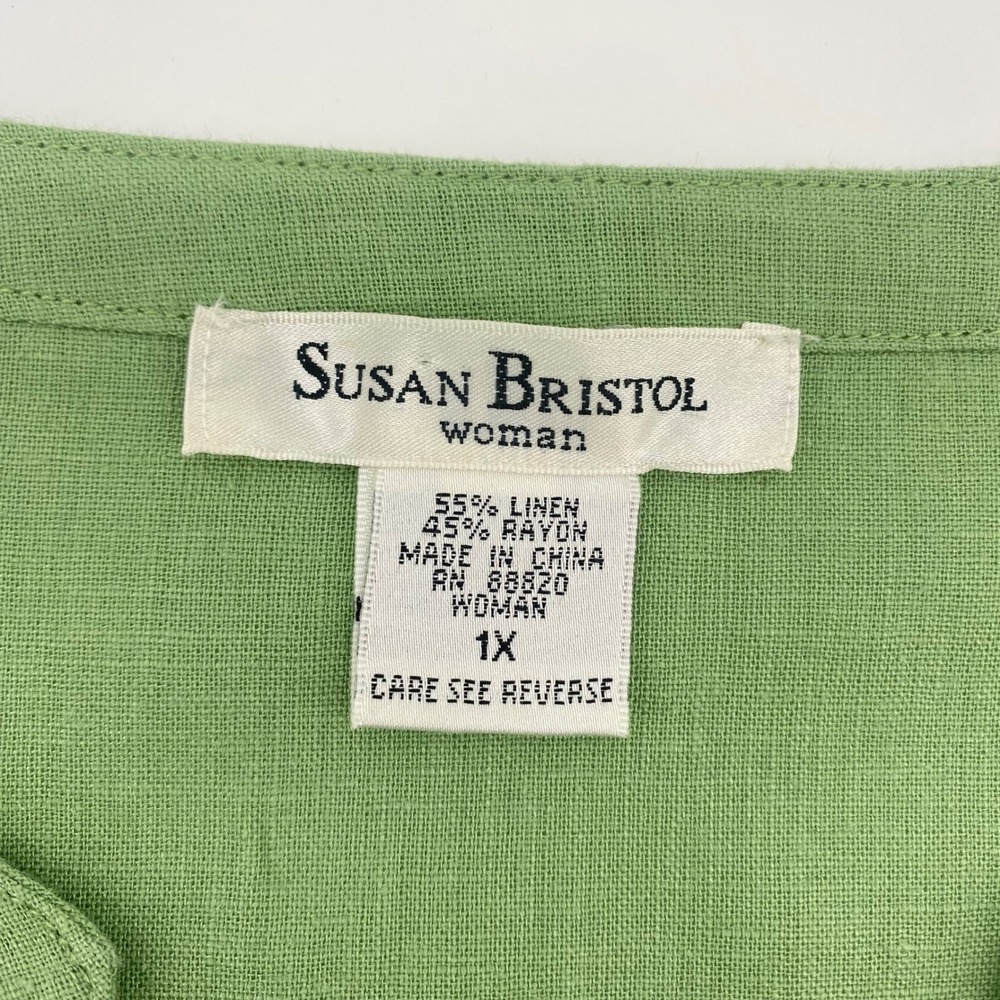 Susan Bristol Blouse Women 1X Green Linen Blend Embroidered Button Front Summer - Picture 3 of 8